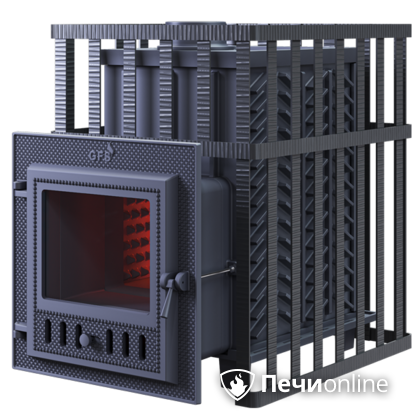 Дровяная банная печь Гефест ЗК в сетке-18 (М) чугунная дверца со стеклом, запатентованная каменка сетка в Миассе